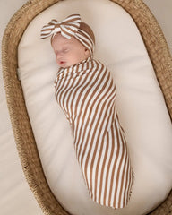 Chestnut Brown Stripe Swaddle & Luxe Bow Headband Set