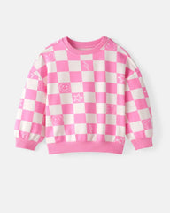 Cheery Checks Pink Drop Shoulder Crewneck