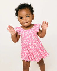 Sweet Pink Petals Flutter Twirl Dress with Bodysuit