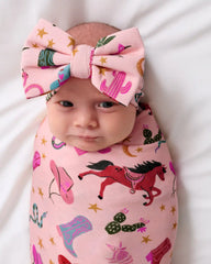 Pink Rancher Roundup Swaddle & Luxe Bow Headband Set