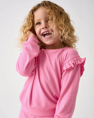 Sweet Pink Ribbed Flutter Crewneck
