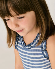 Infinite Blue Stripe Ribbed Ruffle Tank