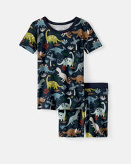 Navy Jurassic Jungle Two-Piece Short Sleeve & Shorts Pajama Set