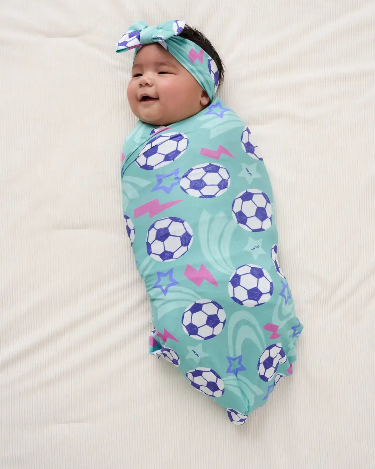 Aqua Soccer Stars Swaddle & Luxe Bow Headband Set