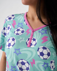 Aqua Soccer Stars Women's Short Sleeve Pajama Top