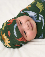 Roar & Explore Green Swaddle & Beanie Set