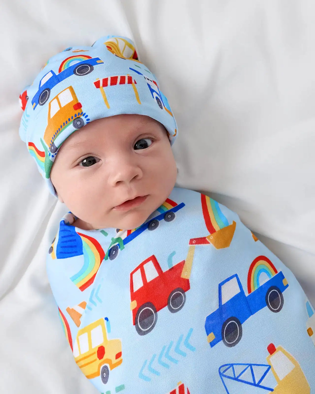 Rainbow Trucks Swaddle & Beanie Set