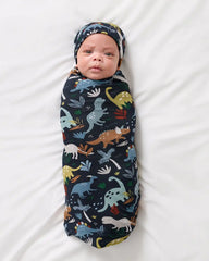 Navy Jurassic Jungle Swaddle & Beanie Set