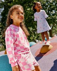 Cheery Checks Pink Drop Shoulder Crewneck