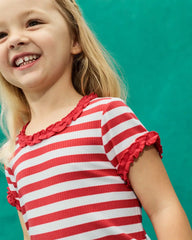 Red Ember Stripe Ribbed Ruffle Tee